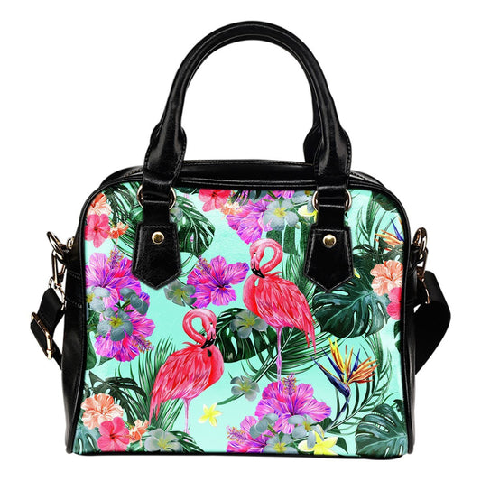 Flamingo Tropical Hibiscus Pattern Leather Shoulder Handbag