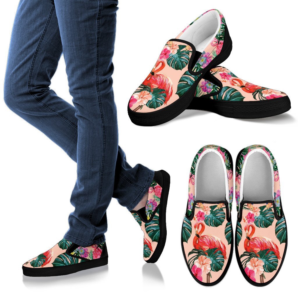 Flamingo Tropical Hibiscus Pattern Men Canvas Slip On Shoes