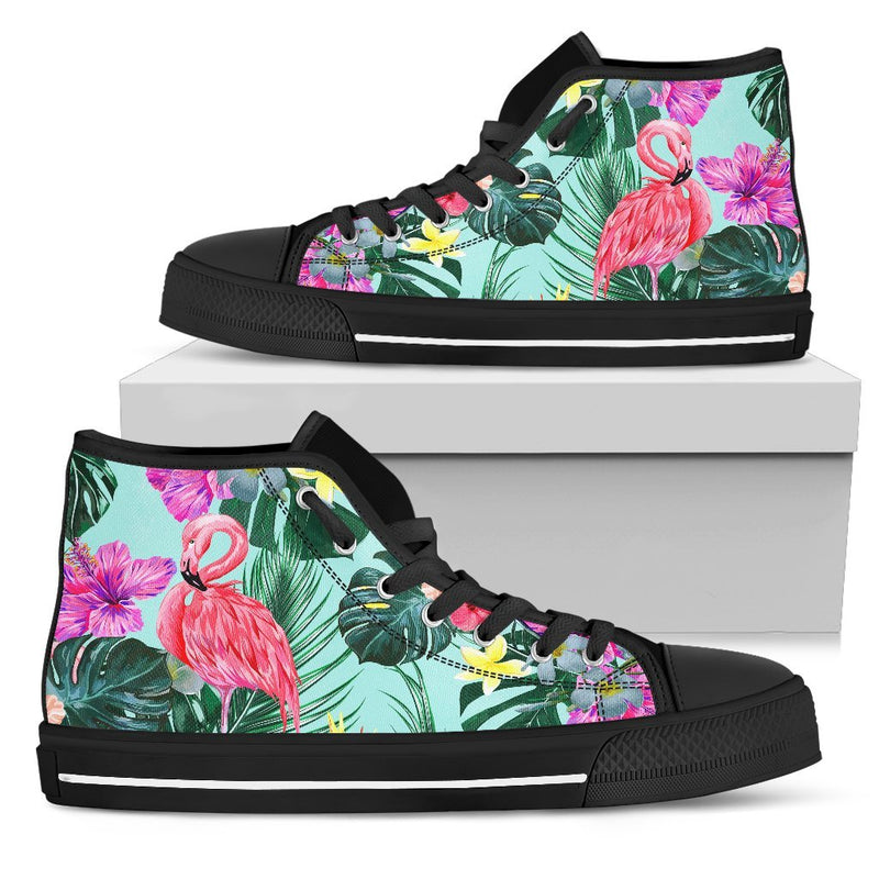 Flamingo Tropical Hibiscus Pattern Men High Top Canvas Shoes