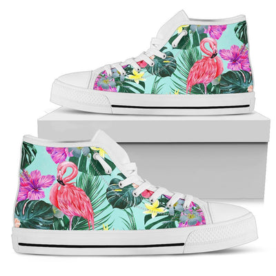 Flamingo Tropical Hibiscus Pattern Men High Top Canvas Shoes