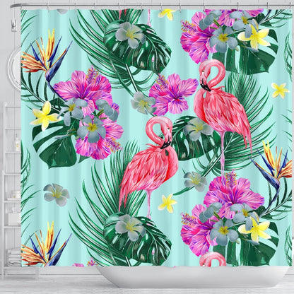 Flamingo Tropical Hibiscus Pattern Shower Curtain
