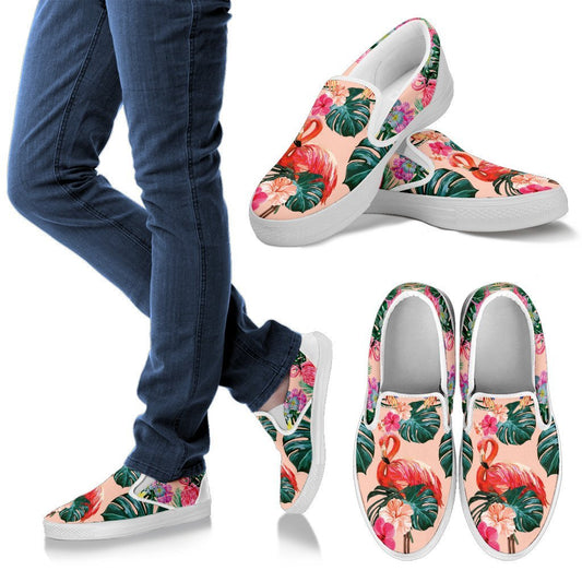 Flamingo Tropical Hibiscus Pattern Women Canvas Slip On Shoes