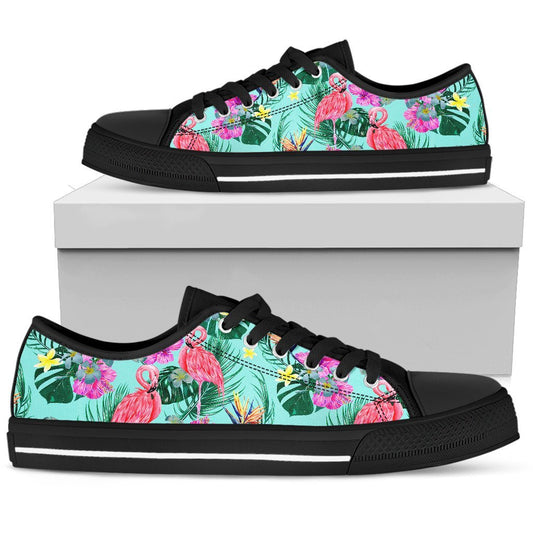 Flamingo Tropical Hibiscus Pattern Women Low Top Canvas Shoes