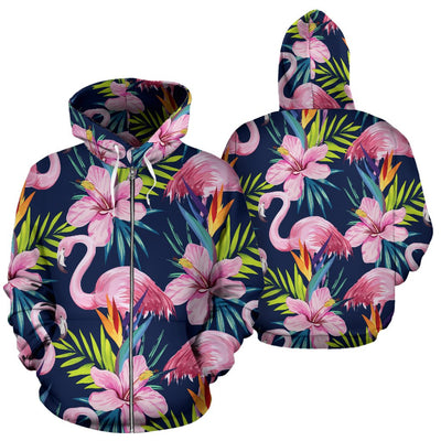 Flamingo Hibiscus Print All Over Zip Up Hoodie