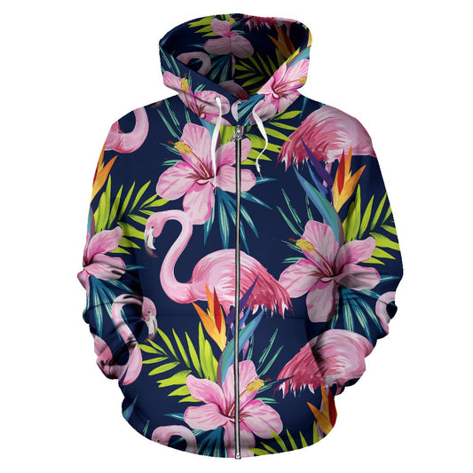 Flamingo Hibiscus Print All Over Zip Up Hoodie