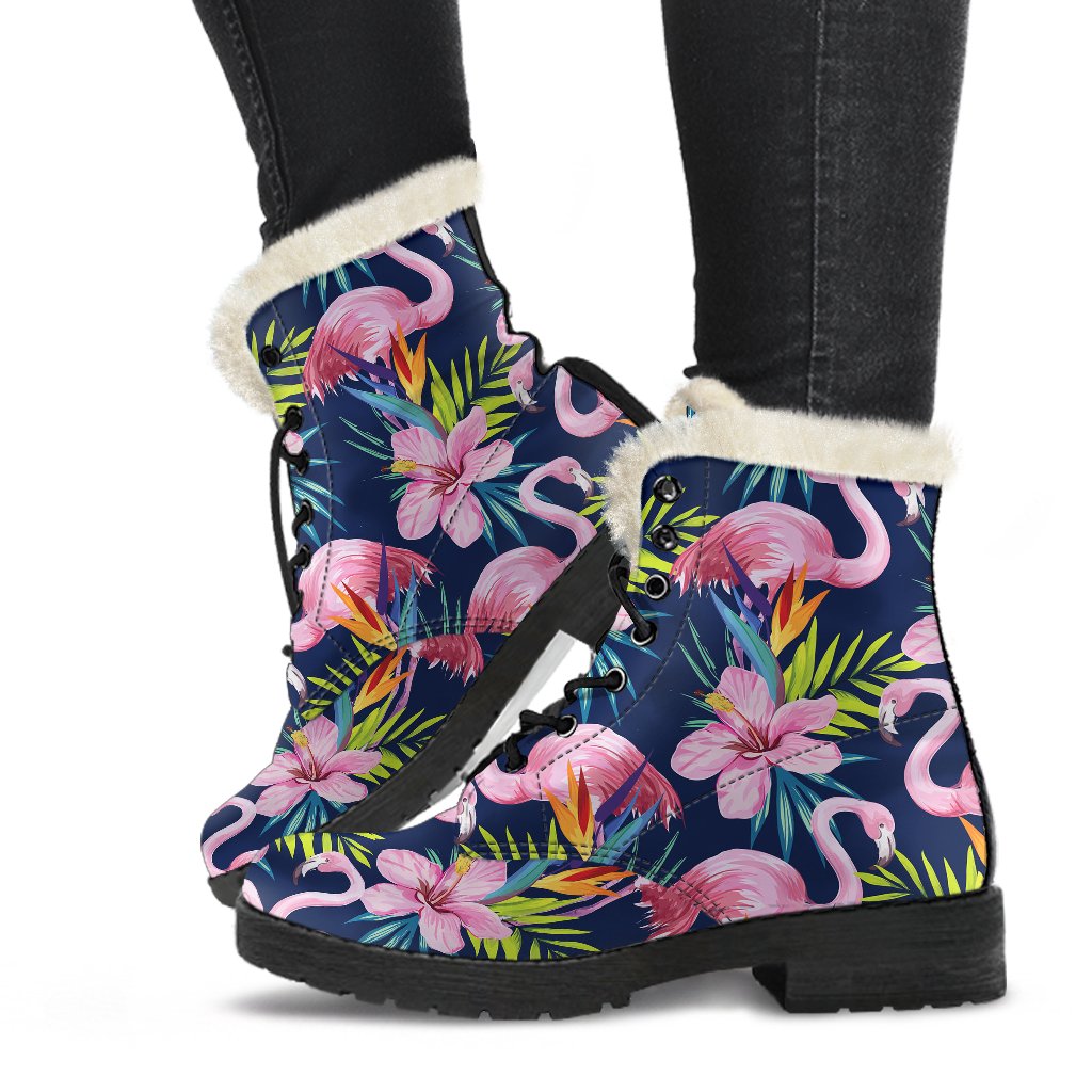 Flamingo Hibiscus Print Faux Fur Leather Boots