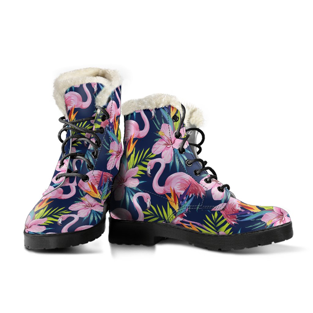 Flamingo Hibiscus Print Faux Fur Leather Boots
