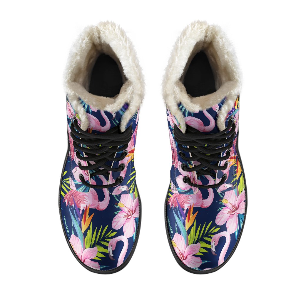 Flamingo Hibiscus Print Faux Fur Leather Boots