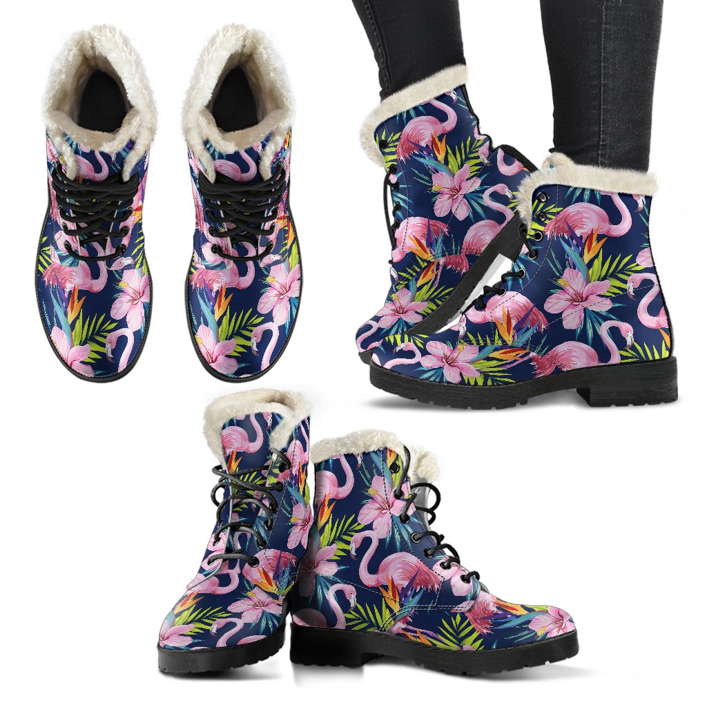 Flamingo Hibiscus Print Faux Fur Leather Boots