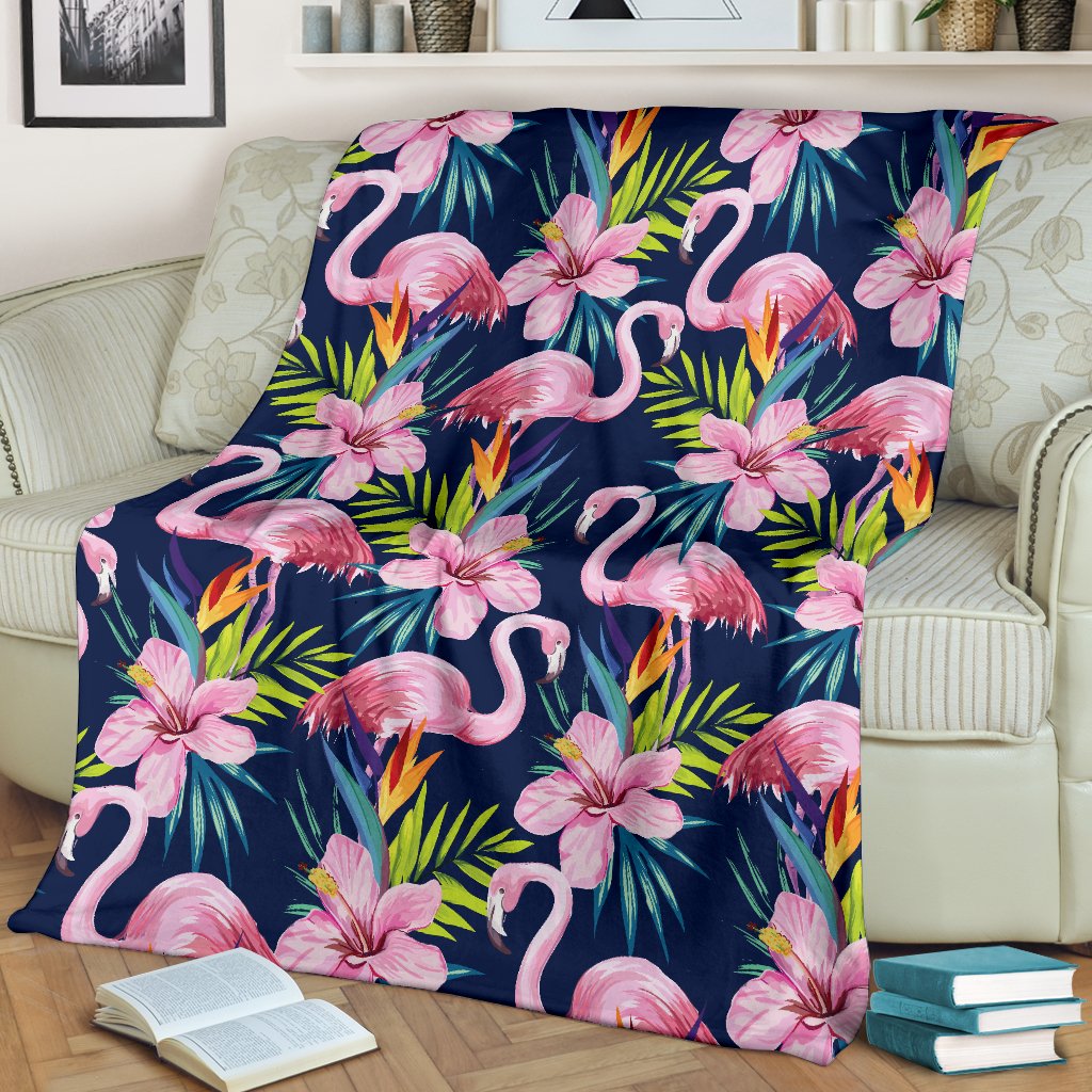 Flamingo Hibiscus Print Fleece Blanket