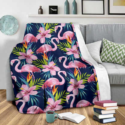 Flamingo Hibiscus Print Fleece Blanket