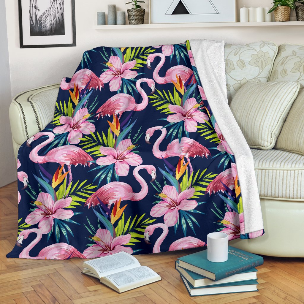 Flamingo Hibiscus Print Fleece Blanket