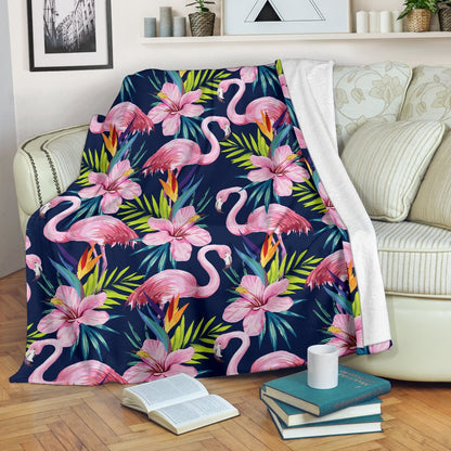 Flamingo Hibiscus Print Fleece Blanket