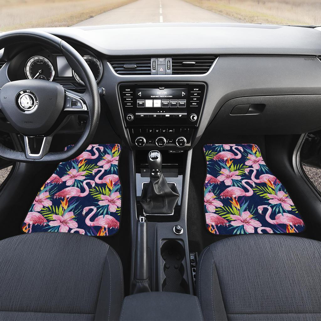 Flamingo Hibiscus Print Front and Back Car Floor Mats