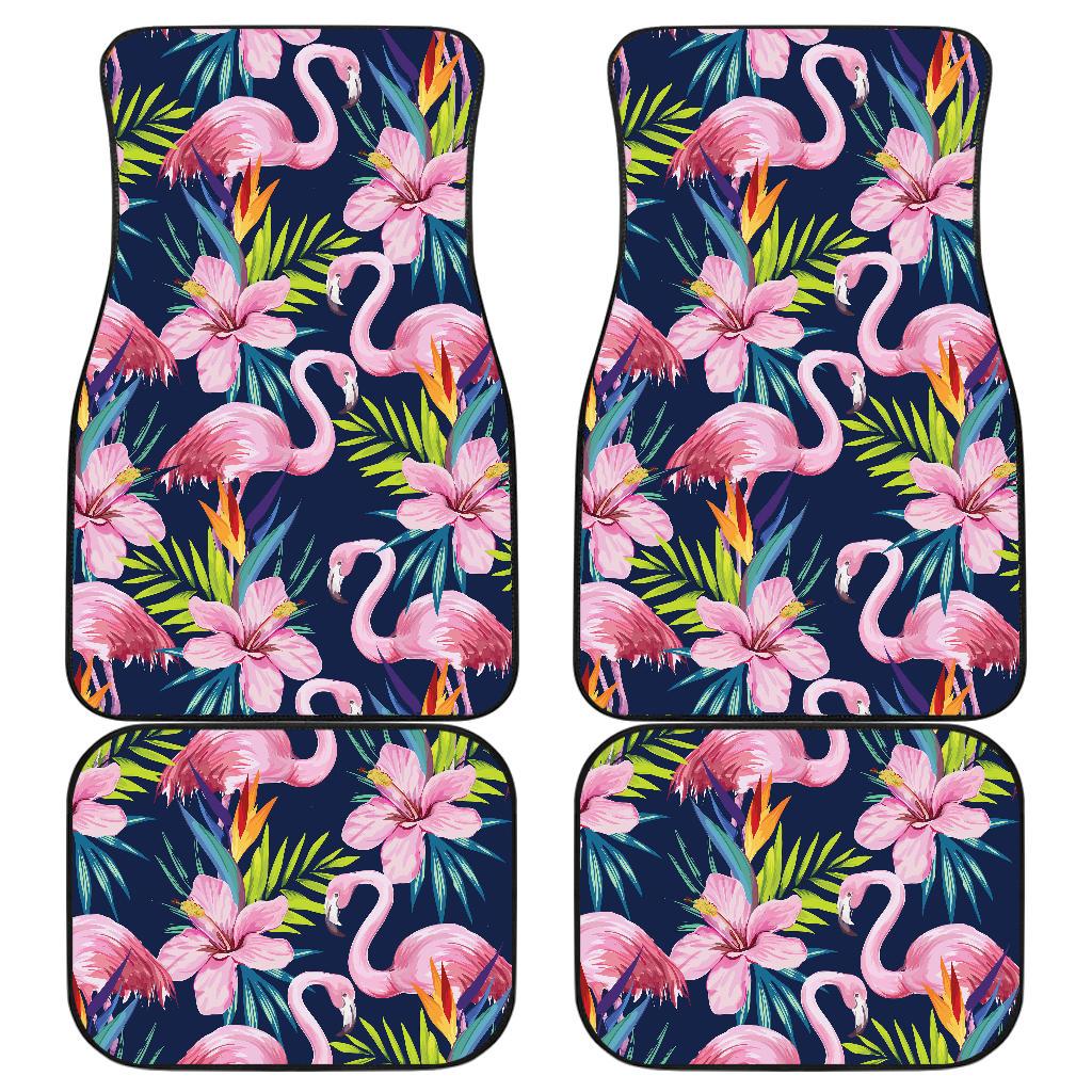 Flamingo Hibiscus Print Front and Back Car Floor Mats