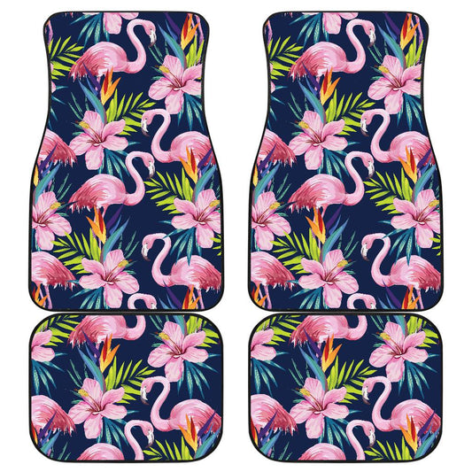 Flamingo Hibiscus Print Front and Back Car Floor Mats