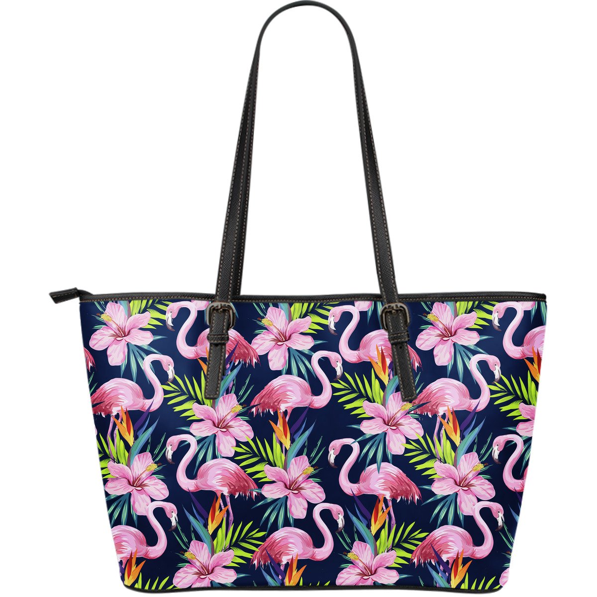 Flamingo Hibiscus Print Large Leather Tote Bag