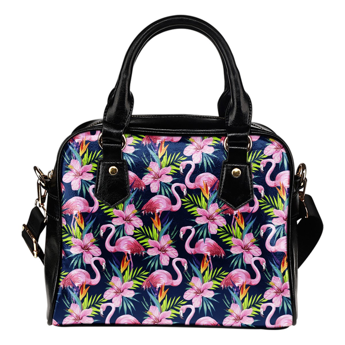 Flamingo Hibiscus Print Leather Shoulder Handbag