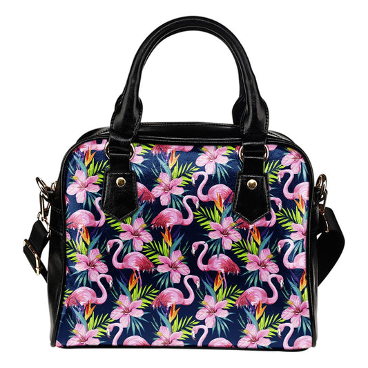 Flamingo Hibiscus Print Leather Shoulder Handbag