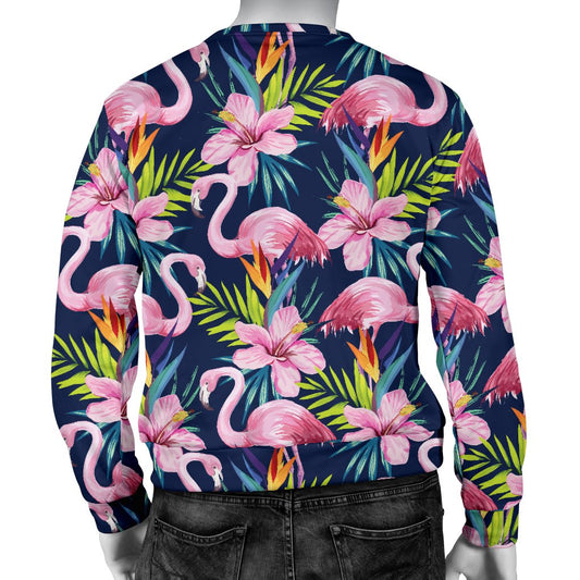 Flamingo Hibiscus Print Men Crewneck Sweatshirt