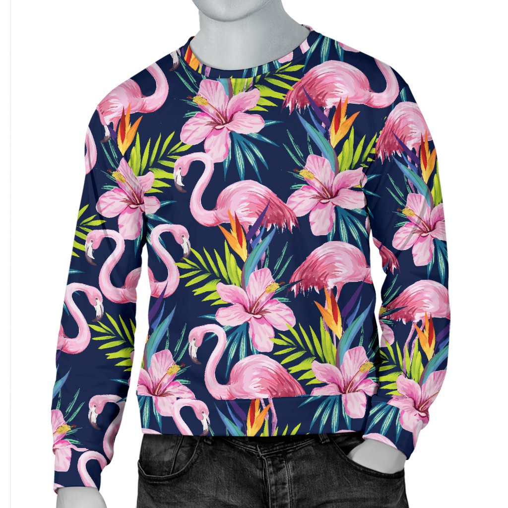 Flamingo Hibiscus Print Men Crewneck Sweatshirt