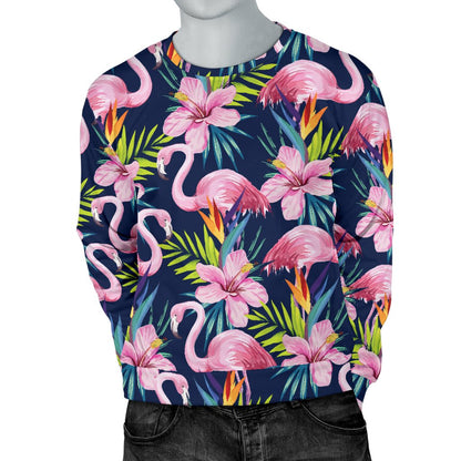 Flamingo Hibiscus Print Men Crewneck Sweatshirt