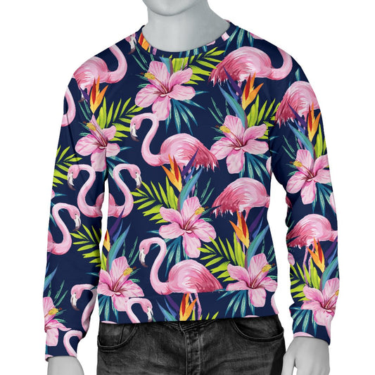 Flamingo Hibiscus Print Men Crewneck Sweatshirt