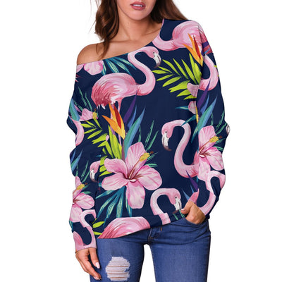 Flamingo Hibiscus Print Off Shoulder Sweatshirt