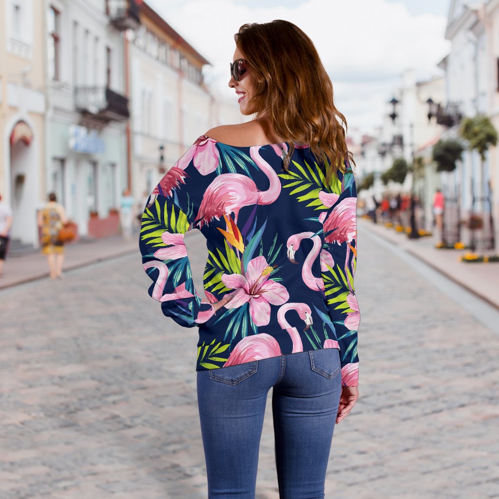 Flamingo Hibiscus Print Off Shoulder Sweatshirt
