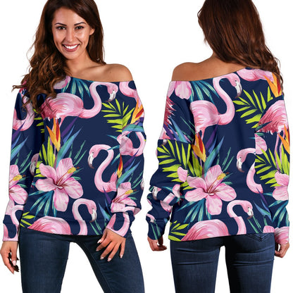 Flamingo Hibiscus Print Off Shoulder Sweatshirt