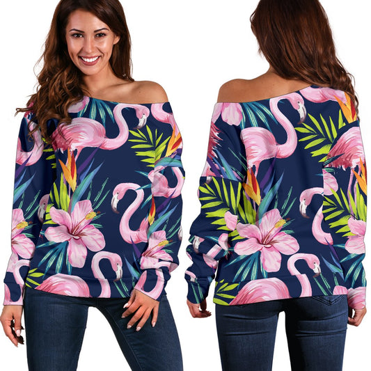 Flamingo Hibiscus Print Off Shoulder Sweatshirt