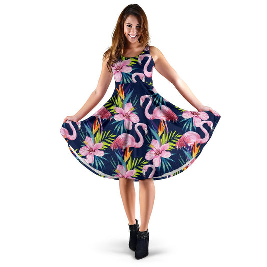 Flamingo Hibiscus Print Sleeveless Mini Dress