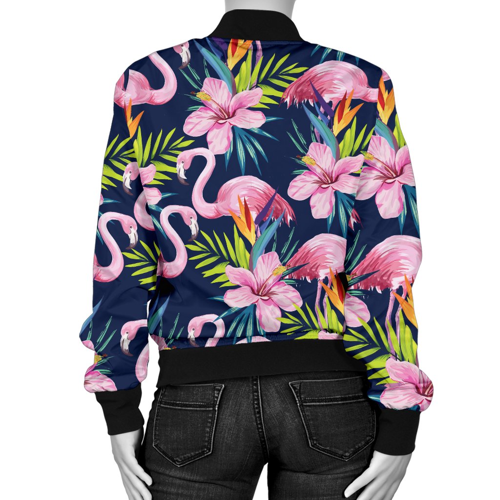 Flamingo Hibiscus Print Women Casual Bomber Jacket