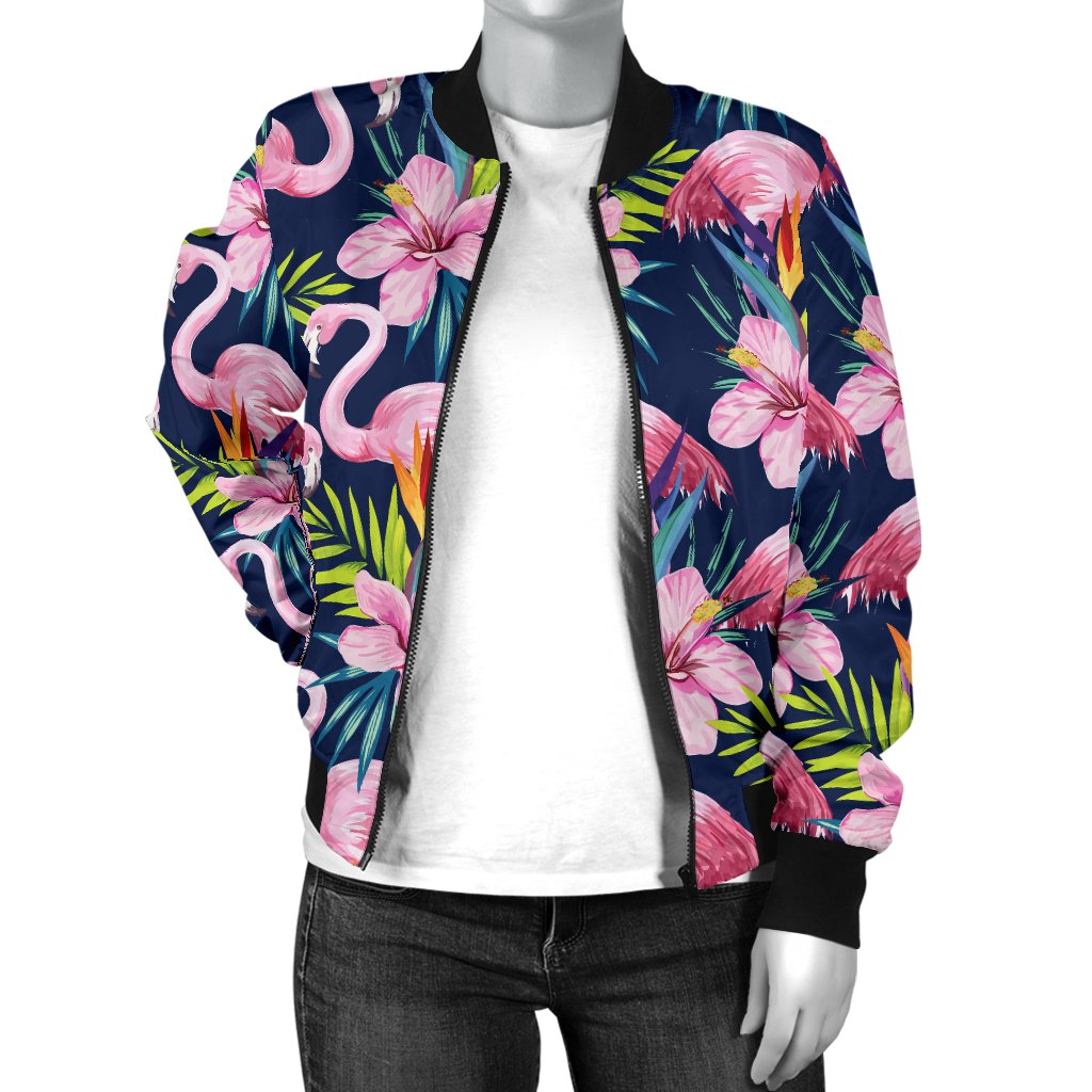 Flamingo Hibiscus Print Women Casual Bomber Jacket