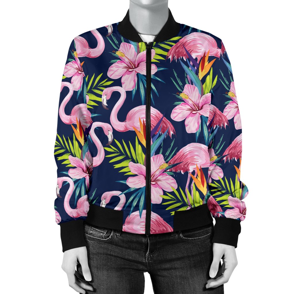 Flamingo Hibiscus Print Women Casual Bomber Jacket