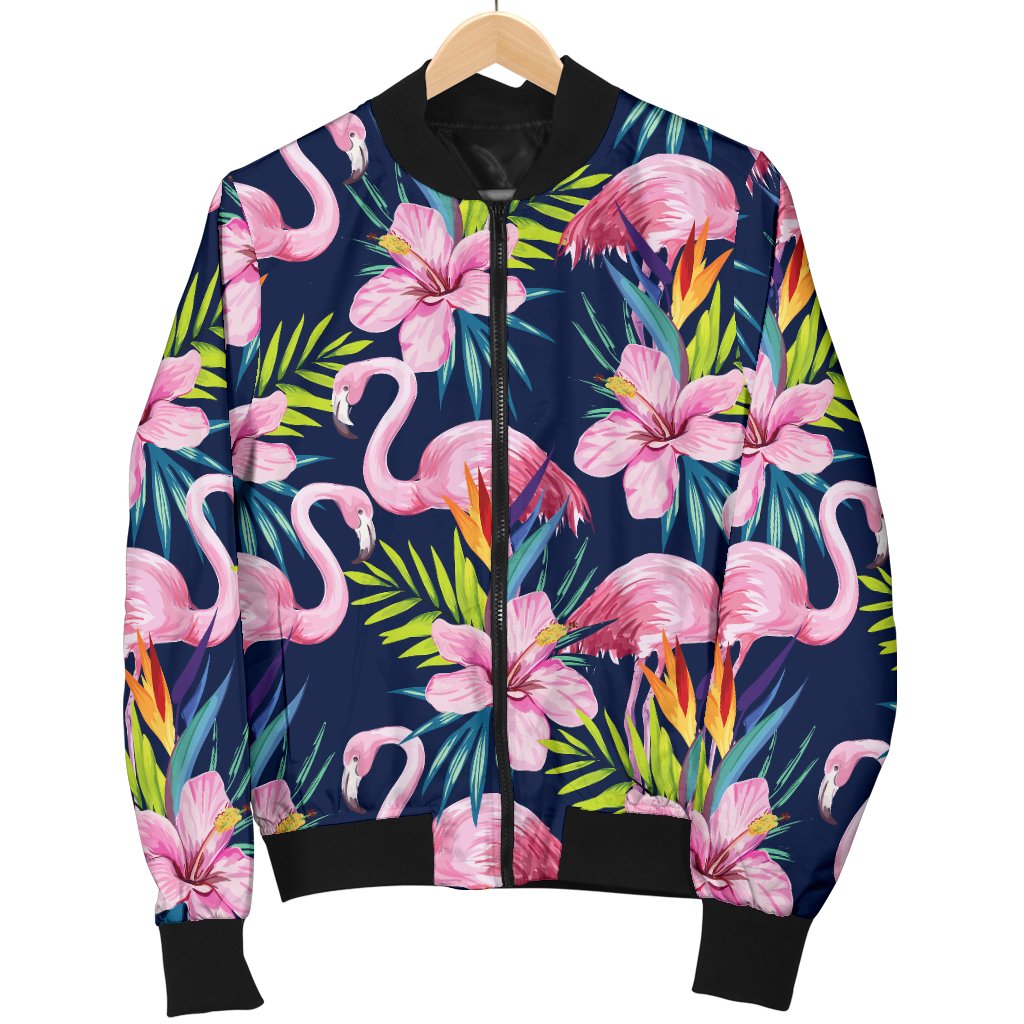 Flamingo Hibiscus Print Women Casual Bomber Jacket