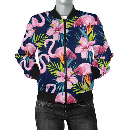 Flamingo Hibiscus Print Women Casual Bomber Jacket