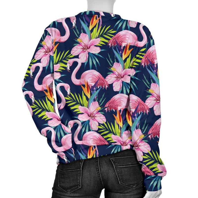 Flamingo Hibiscus Print Women Crewneck Sweatshirt