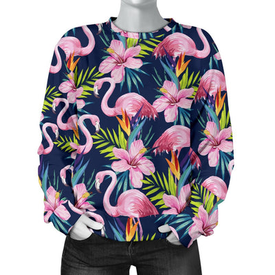 Flamingo Hibiscus Print Women Crewneck Sweatshirt
