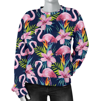 Flamingo Hibiscus Print Women Crewneck Sweatshirt