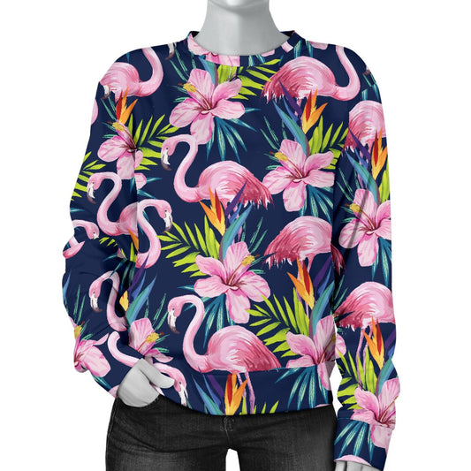 Flamingo Hibiscus Print Women Crewneck Sweatshirt