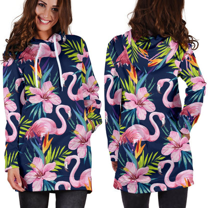 Flamingo Hibiscus Print Women Hoodie Dress