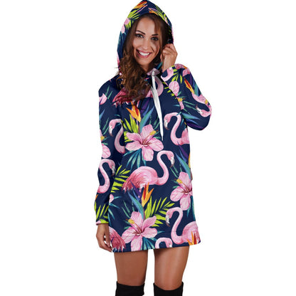 Flamingo Hibiscus Print Women Hoodie Dress