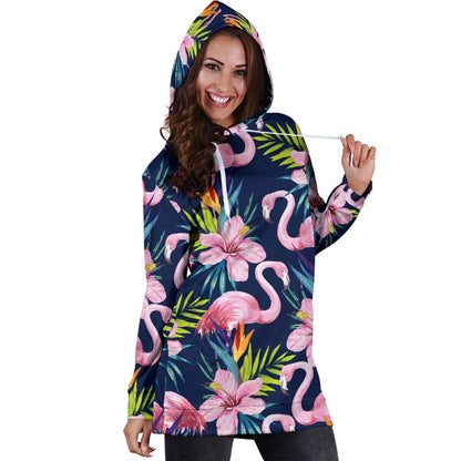 Flamingo Hibiscus Print Women Hoodie Dress
