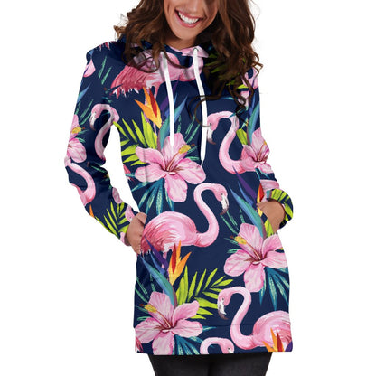 Flamingo Hibiscus Print Women Hoodie Dress