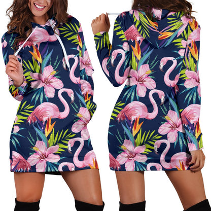 Flamingo Hibiscus Print Women Hoodie Dress