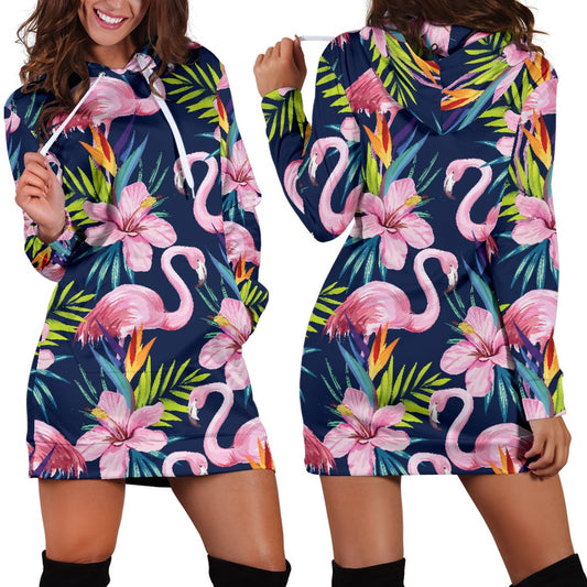 Flamingo Hibiscus Print Women Hoodie Dress