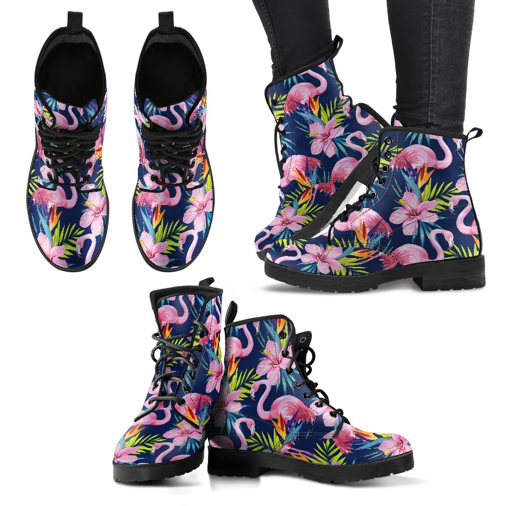 Flamingo Hibiscus Print Women Leather Boots