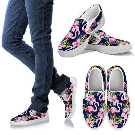 Flamingo Hibiscus Print Women Slip On Shoes