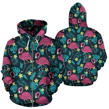 Flamingo Print Pattern All Over Zip Up Hoodie